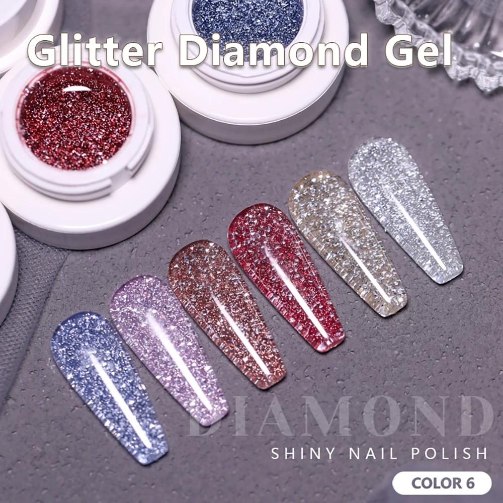 Vendeeni 6 Colors Reflective Diamond Glitter Gel Nail Polish Semi Permanent UV Soak Off Gel Lacquer Flash Nail Art Gel Varnish