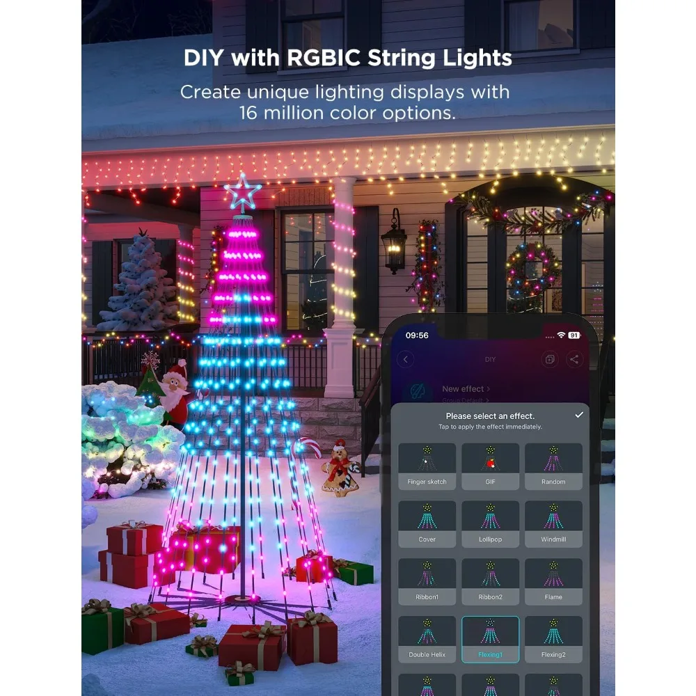 Christmas Cone Tree Lights, 6ft 316 LEDs RGBIC Christmas Tree Lights with Smart App Control, IP65 Waterproof Outdoor Strin