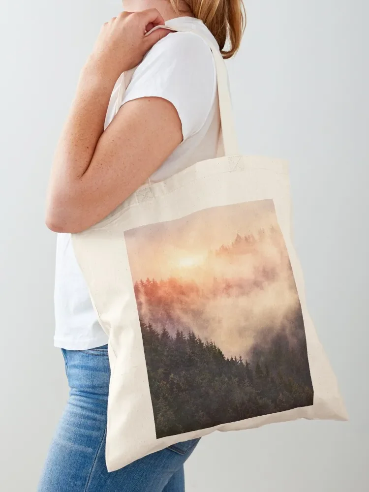 In My Other World // Sunrise In A Romantic Misty Foggy Autumn Fairytale Wilderness Forest With Trees Covered In Fog And Tote Bag