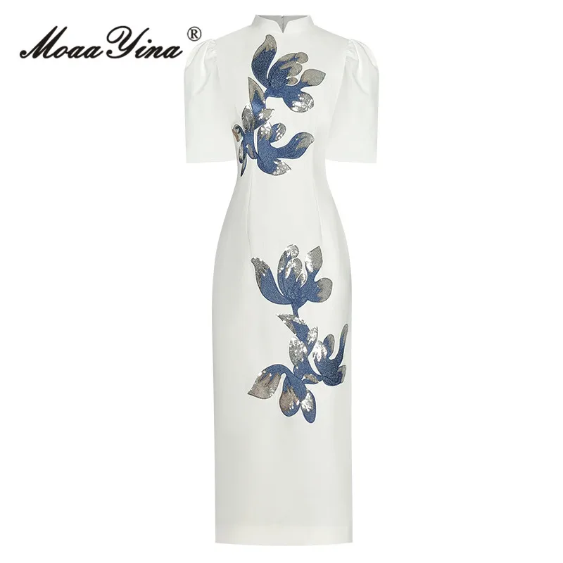 

MoaaYina Summer Fashion Designer Women's Midi Dress Vintage White Color Stand Collar Embroidery Sequins Package Buttocks Dress