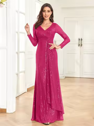 Luxury Floor Length V-Neck Evening Dresses Women Elegant Party Maxi Dress Sequin Long Sleeves Prom Cocktail Dress Gowns