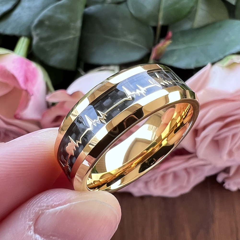 8mm Men Women Tungsten Carbide Couples Ring Heartbeat Wedding Band Black Carbon Fiber High Polished Finish Comfort Fit