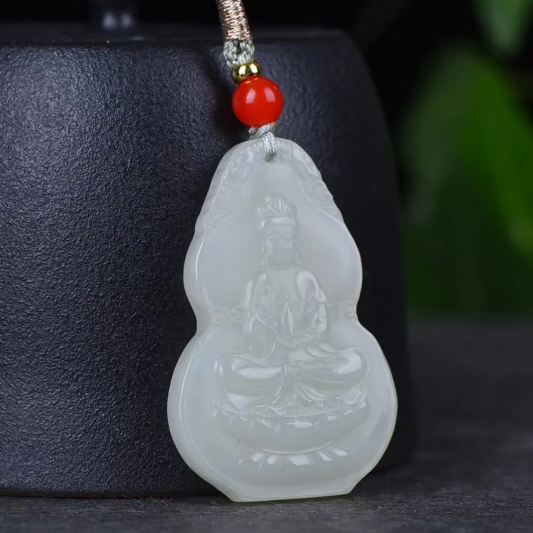 

Natural Hetian Jade Guanyin Pendant Grace Necklace for Men's and Women's Buddhist Lucky Amulet Wealth Jewelry Gift