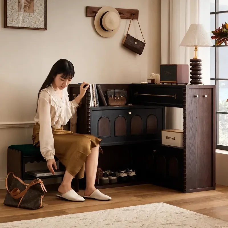 Retro Solid Wood Shoe Cabinet Rotating Telescopic Locker Shoe Rack Integrated Storage Cabinet Against Wall Home Entrance