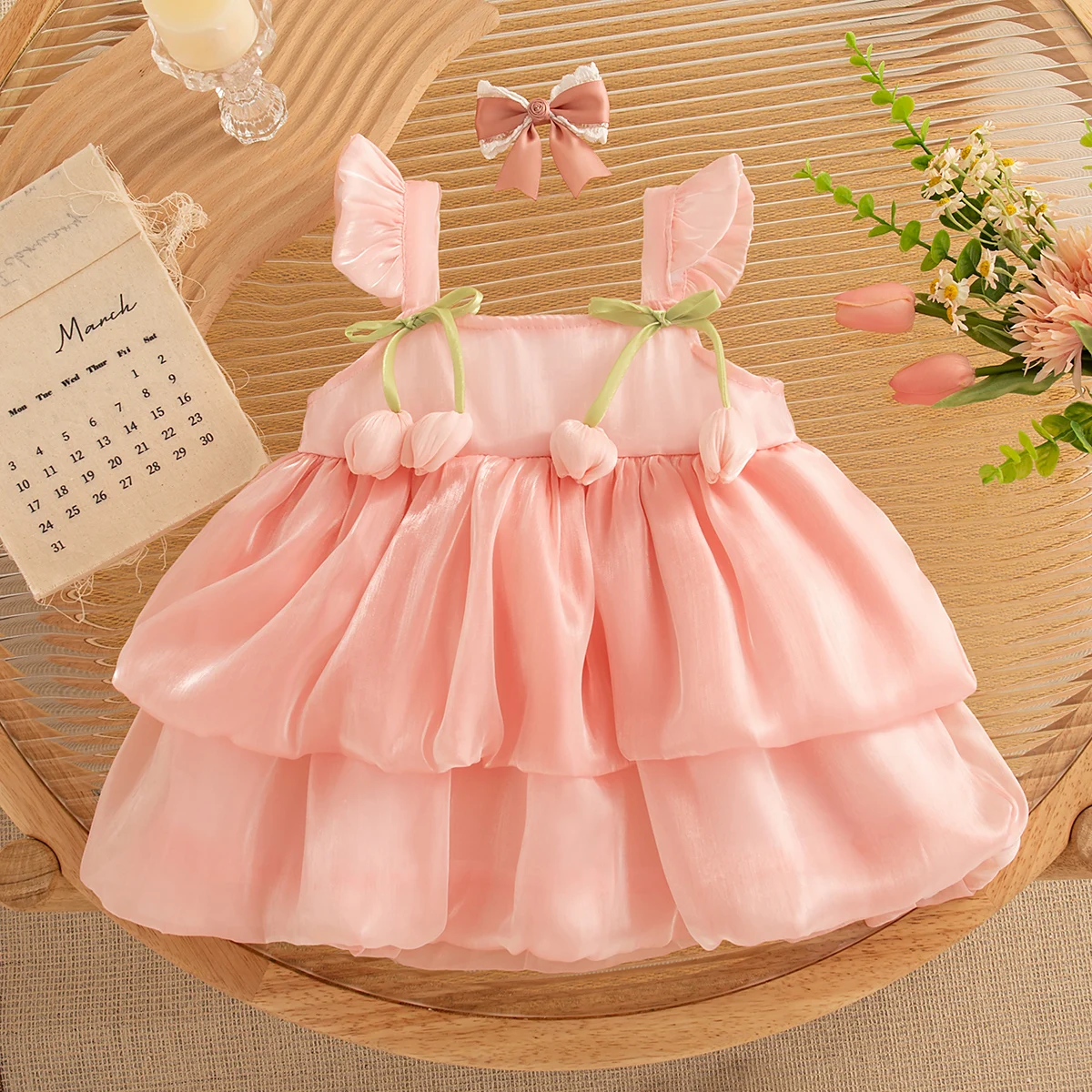 Newborn Girl Dress Layered Chiffon Princess Dress Flower Bow Tutu Dress for Baby Girl