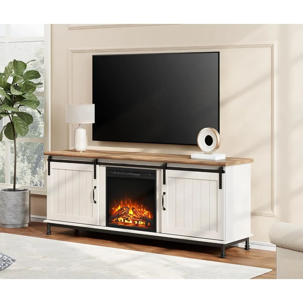 2-in-1 Fireplace TV Stand for 65 75 Inch TV, Farmhose Entertainment Center with 18'' Electric Fireplace&Sliding Barn Door