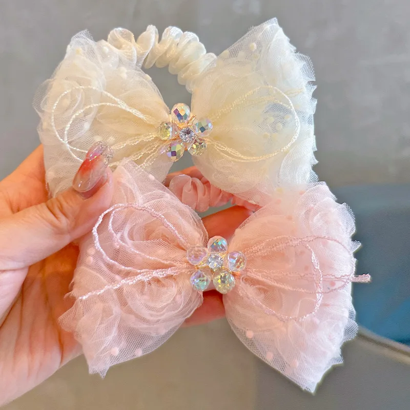 

Rhinestone Flower Bow Hair Ties for Girls Rose Mesh Hair Rings Cute Headwear Sweet Hair Accessories for Kids Daily Party Wedding