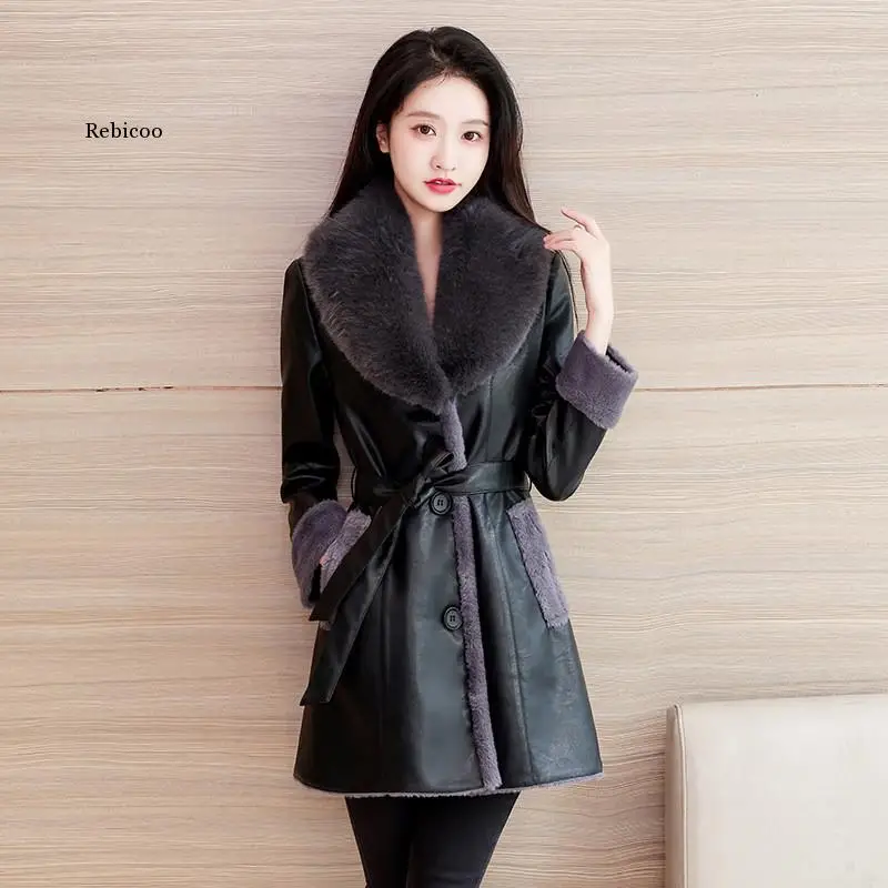 Winter Leather Jacket Women's Fashion Fur Collar Black Casual Warm Coat Female Quality PU Leather Overcoat Ladies