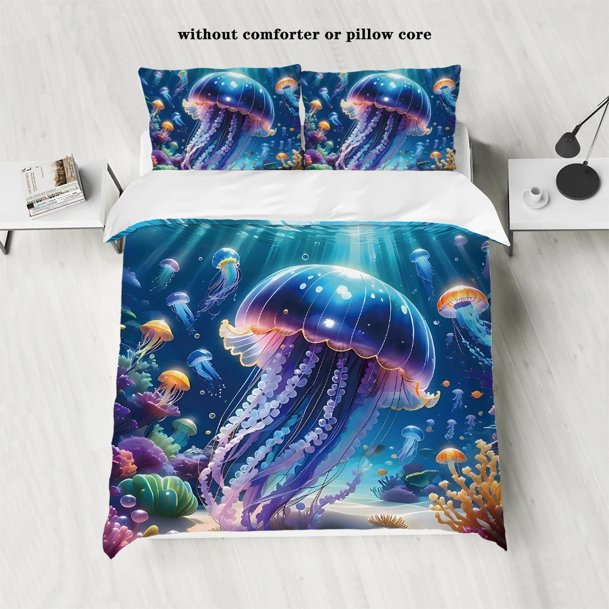 3-piece down set with marine jellyfish print pattern (1 down duvet cover+2 pillowcases, coreless) bedding set