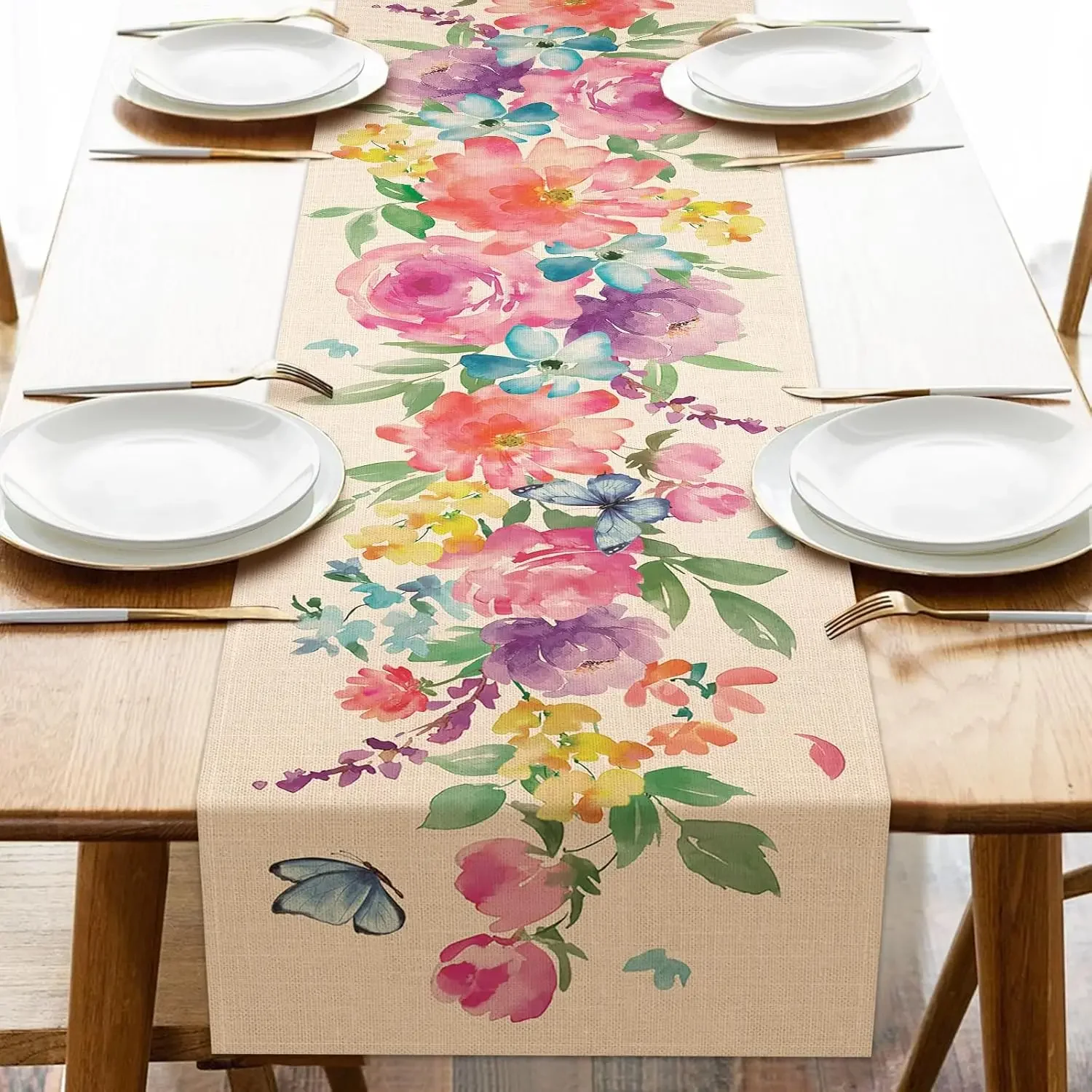 Frühlings-Aquarell-Blumen-Schmetterling-Tischläufer aus Leinen, Party-Dekoration, wiederverwendbarer Küchen- und Esstischläufer, Hochzeitsdekorationen