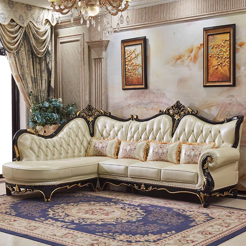European Leather Corner Sofa Combination Living Room Solid Wood Carving Flower Ebony First Layer Cowhide Luxury Villa Simple Eur