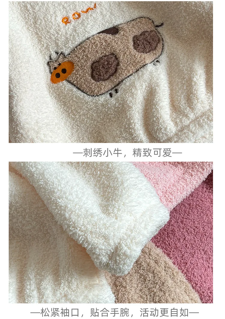 2026 Herbst Winter Baby Jungen Mädchen Fleece-Pyjama-Sets Kinder Niedliche Cartoon-Stickerei Langarm-Oberteil+Hose Kinder Warme Schlafkleidung – Detail 8