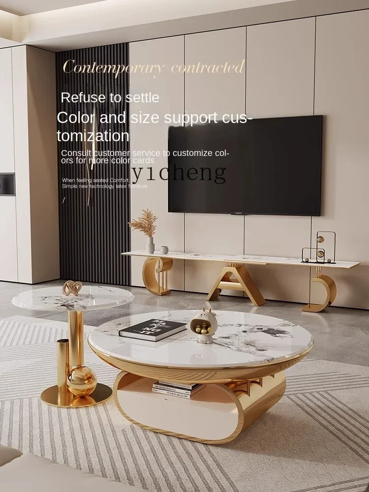 Living Room Crystal Marble Luxury Stone Medium and Small Apartment Retractable Coffee Table TV Cabinet Combination