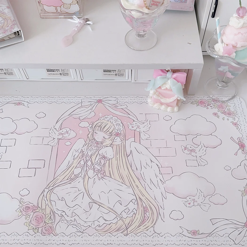 New Leather Desk Pad Protector Cute Angel Girl Pink Lace Rose Mouse Pad Office Desk Mat Waterproof Non-Slip PU Desk Blotter Pad