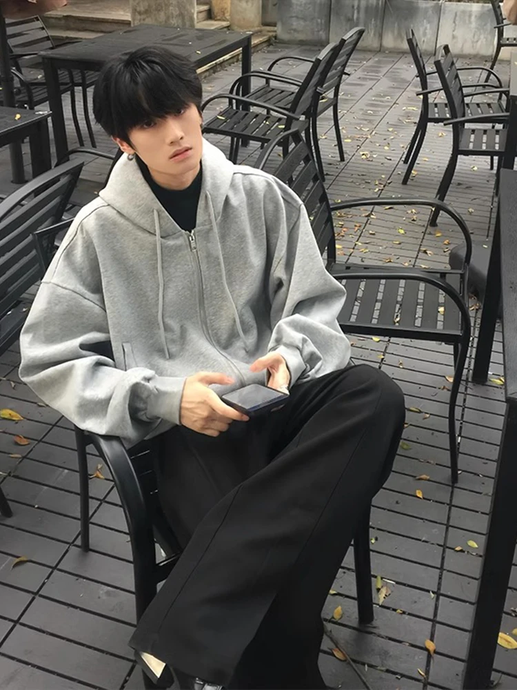 Light ey Heavyweight Open Cardigan Hoodie Men's Spring Autumn Korean Sle Cleanfit American Retro ort Coat Jaet