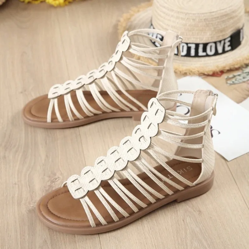 

New Retro Women's Shoes Fashion Flat Bottom Roman Sandals for Woman Exquisite Open Toe Summer Boots Designer Shoes Zapatos Mujer