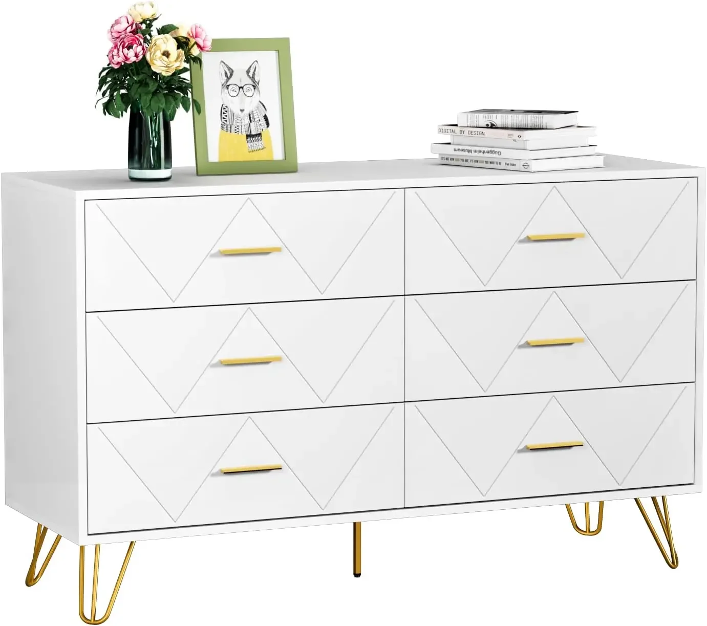 White Dresser, Modern Dresser for Bedroom, 6 Drawer Double with Wide Drawers and Metal Handles, Wood Dressers NEW USA