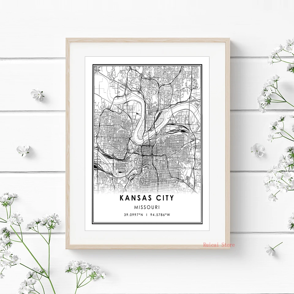 

Kansas City Map Print Poster Canvas Us Travel Poster New Wall Art Painting Nordic Home Decor