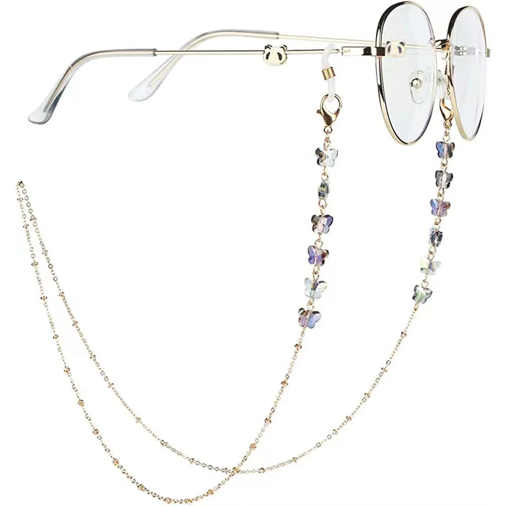 Eyeglass Chain Color Crystal Butterfly Beaded Chain Eyewear Holder Strap Women Sweater Necklace Layered Bracelet