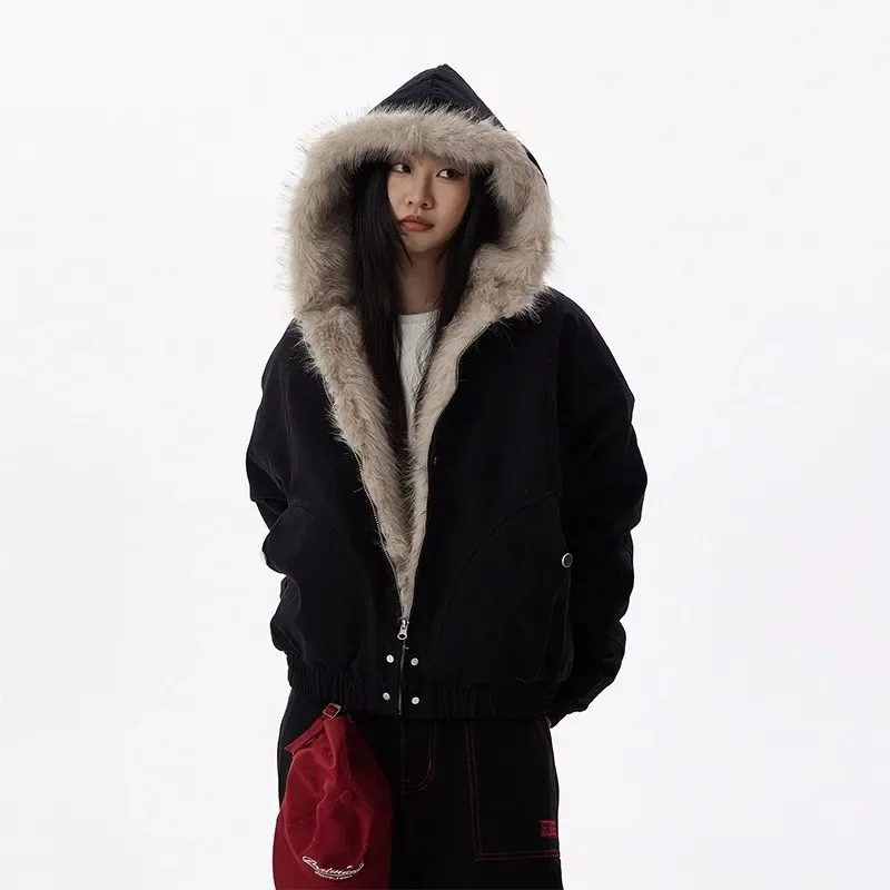 여성용 후드 모피 칼라 재킷, 2024 루즈 캐주얼 코튼 재킷, 퓨어 컬러 지퍼 아우터, 가을, 겨울, 신상 패션