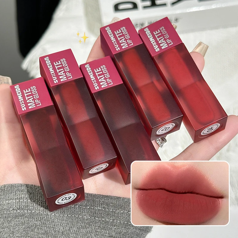 Lápiz labial líquido mate de terciopelo, 4 colores, resistente al agua, brillo de labios rojo, taza antiadherente de larga duración, barro labial, cosméticos de esmalte de labios Sexy para mujer