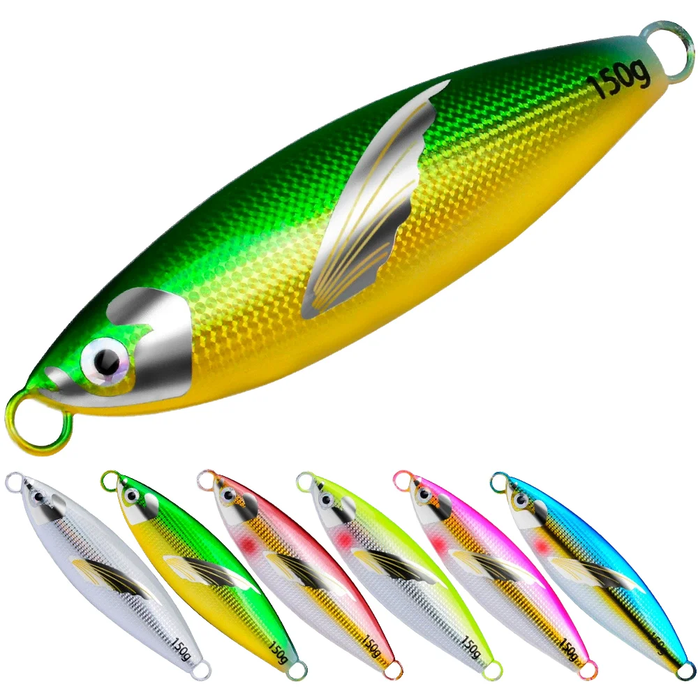 30-150g Slow Sinking Metal Jigging Fishing Lure Wing Laser Sticker Lead Metal Jig Swim Baits Saltwater Zander Marlin Pike