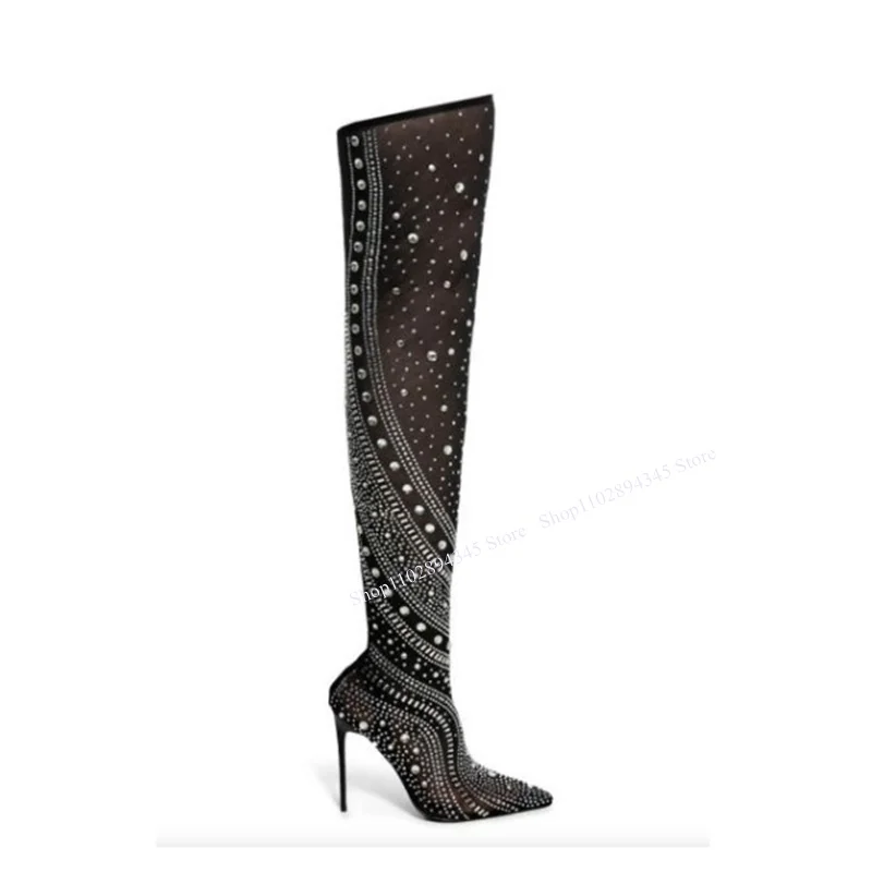 Black Crystal Mesh Over Knee High Boots Thin High Heel Fashionable Sexy 2023 Summer Casual Big Size Woman Shoes Zapatillas Mujer