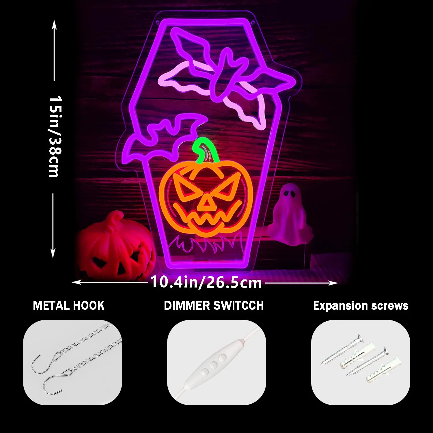 Pumpkin Bat LED Neon Sign for Wall Decor Flying Bat Light Flashing Sign Dimmable Switch for Spooky Holiday Atmosphere Decor