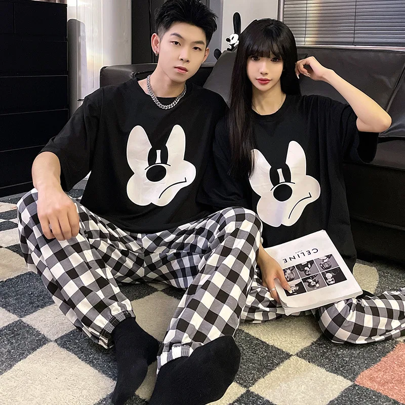 New men\'s couple pajamas summer round neck short-sleeved trousers loose casual cartoon cute loungewear suit can be worn outside