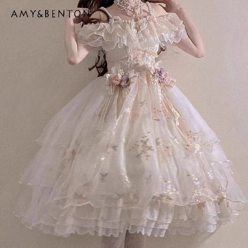 

2025 Summer New High-End Embroidery Design Lolita Dress Luxurious Sweet Fairy Style JSK Mid-Length High-Waist Slim Dress