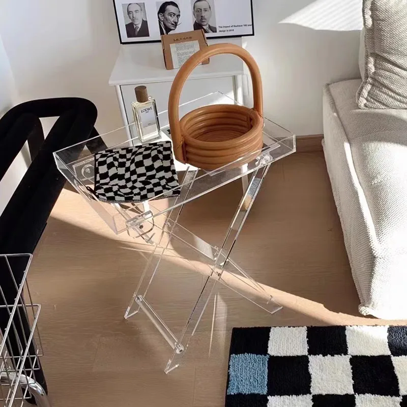 Transparent Plastic Acrylic Side Table Foldable Snack Tray Coffee Table Hallway Modern Living Room Furniture