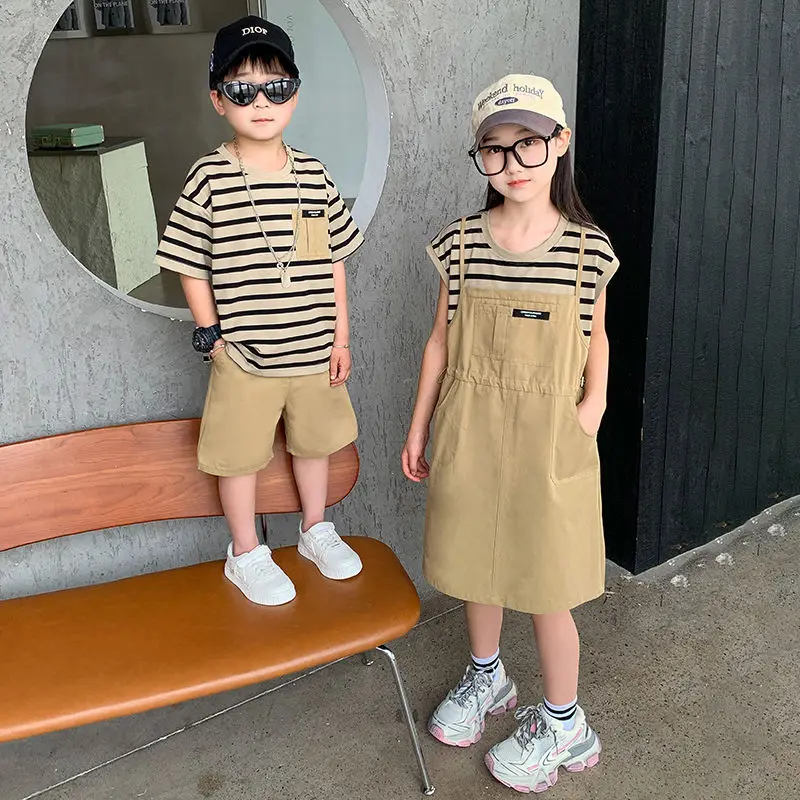 Matching Brother and Sister Clothes Fashion Korean Style Baby Girls One Piece Dress Child Boys T Shirts + Shorts Two Piece Sets