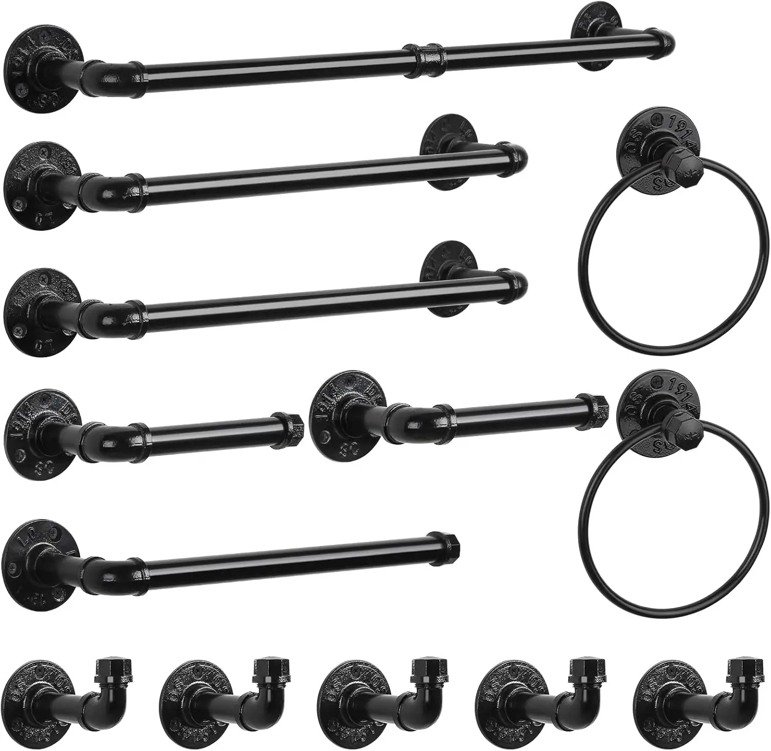 

13-Piece Black Industrial Pipe Bathroom Towel Rack Set with Toilet Paper Holder and Hooks