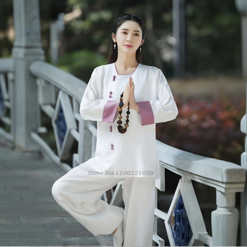 زي الكونغ فو الصيني لعام 2025 مجموعة هانفو المحسنة للتأمل ووشو تاي تشي بدلة الكونغفو ملابس تدريب المشي في الهواء الطلق