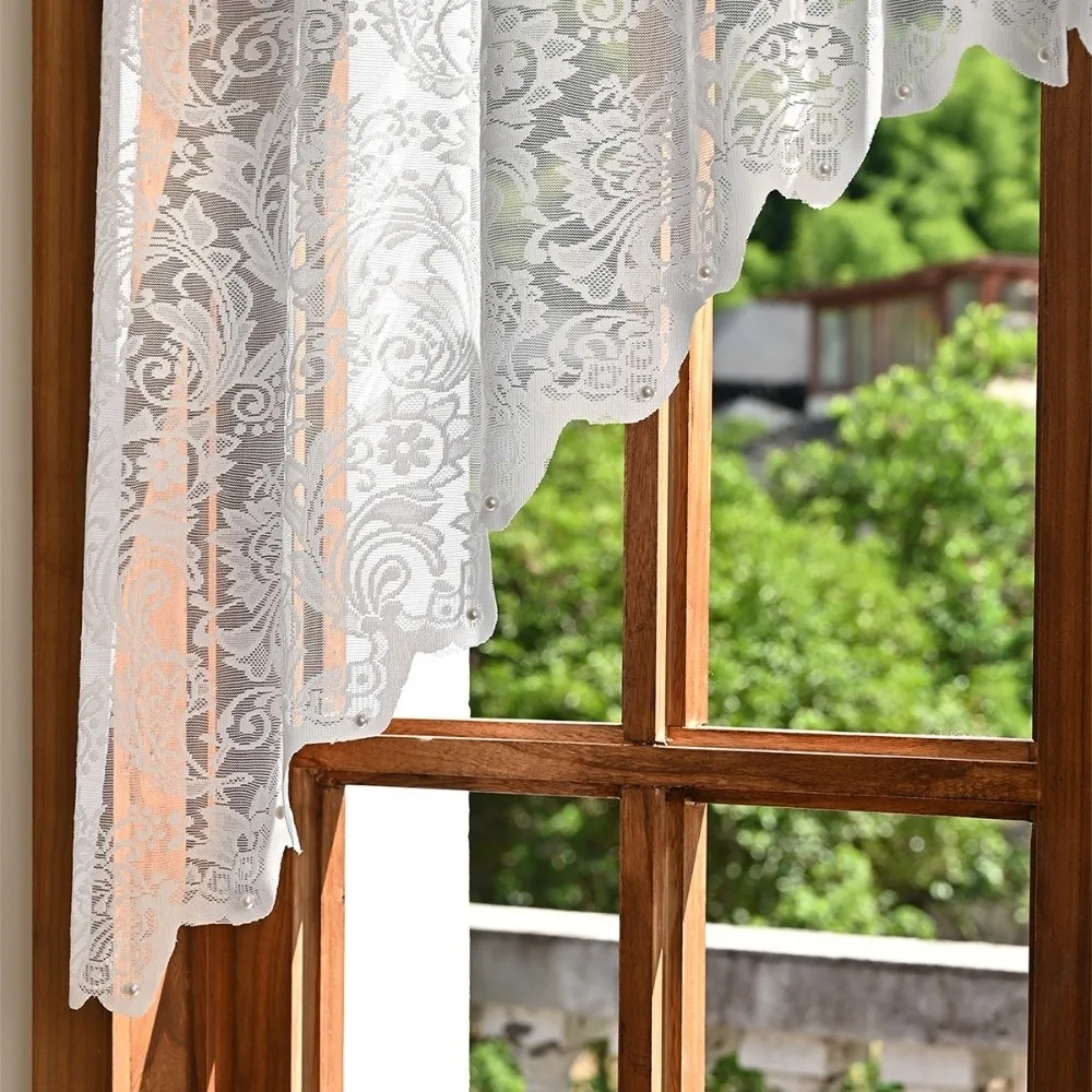 

Flower Short Curtain Light Filtering French Style Triangle Curtain White Through-rod Design Lace Pearl Curtain Small Window