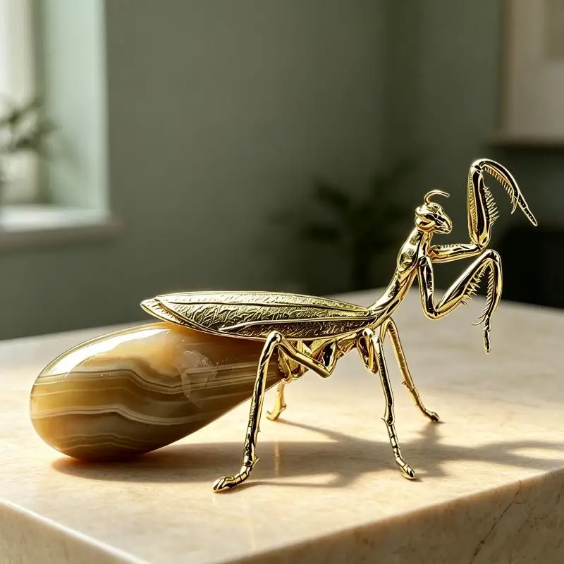 1PCS Chinese Style Golden Mantis Tea Pet Metal Insect Ornament Exquisite Desktop Decor Study Collection