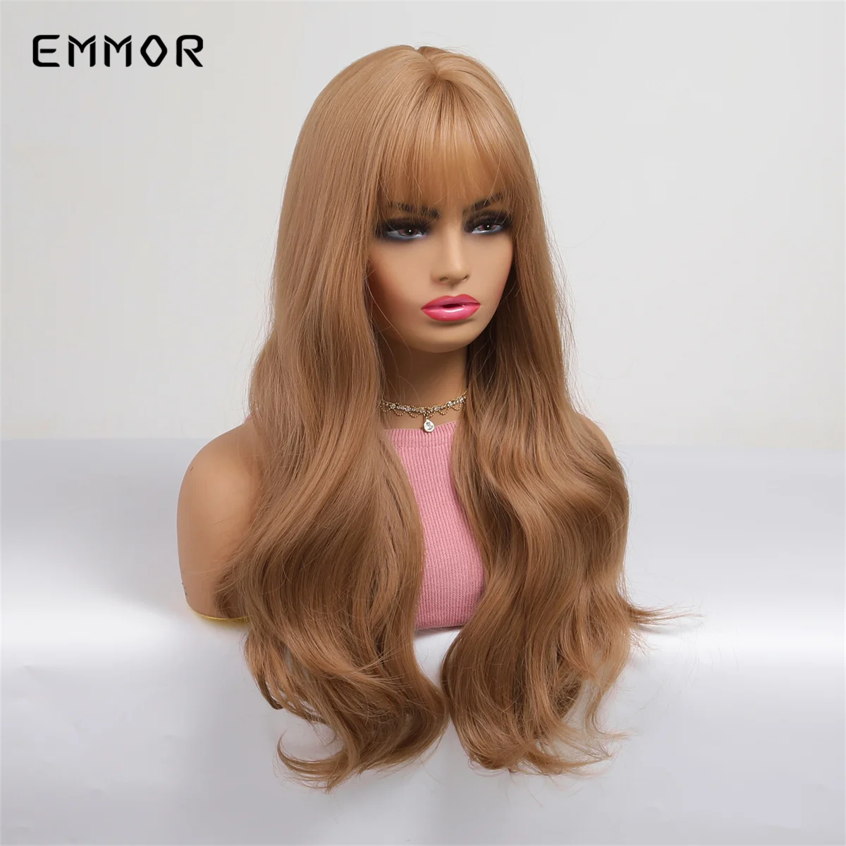 Emmor Copper Long Brown Wig Synthetic Wavy Wigs with Bangs for Women Halloween Cosplay Party Use Heat Resistant Fiber Hair Wig