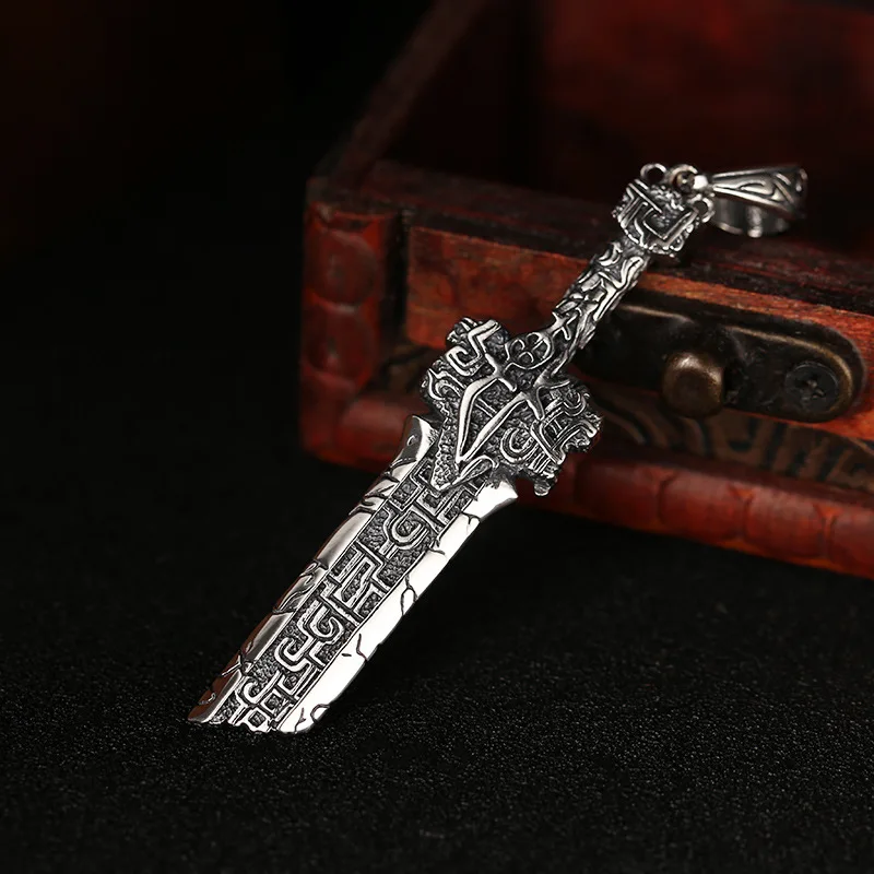 

S925 sterling silver men's Broken Sword necklace pendant cut word pendant pendant personality Thai silver retro ethnic ornament