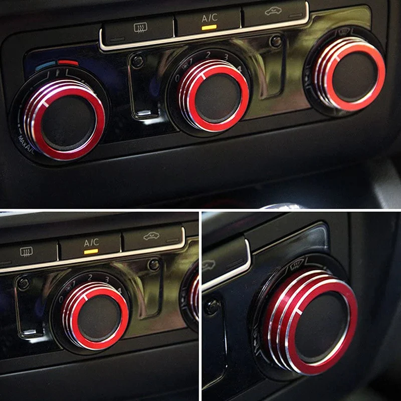 3 Pcs Red Aluminum AC Climate Control Ring Knob Covers Compatible for MK6 Golf Jetta