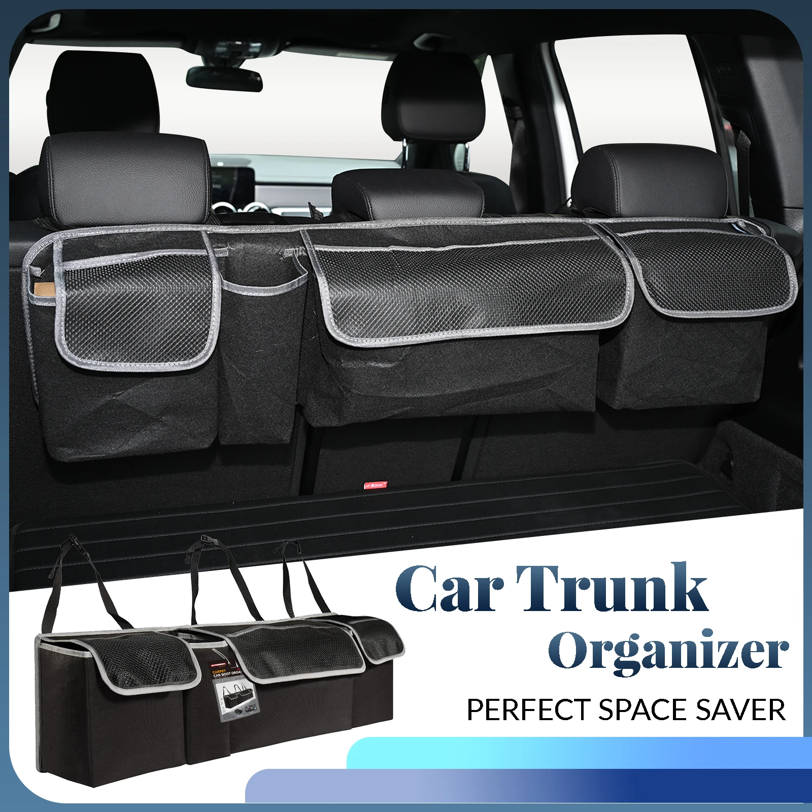 Car Felt Trunk Organizer Back Seat Hanger Backseat Hanging Organiser Storage Bag 3 Net Pockets Adjustable High Capacity Foldable