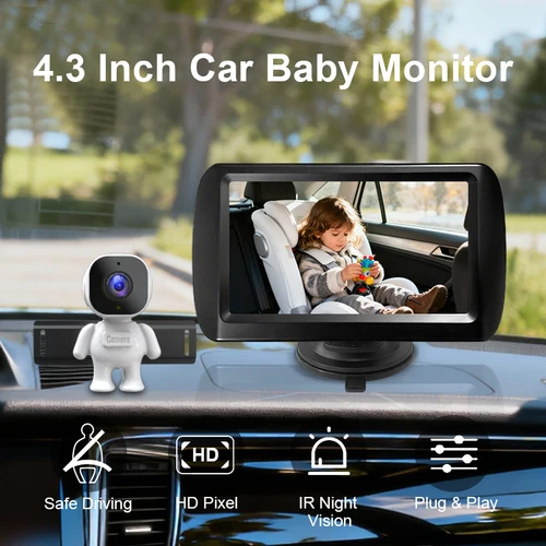 Espejo de coche para bebé, Monitor de montaje con ventosa de 4,3 pulgadas, espejo de seguridad para asiento de coche, cámara monitoreada, espejo para asiento trasero de asiento de coche