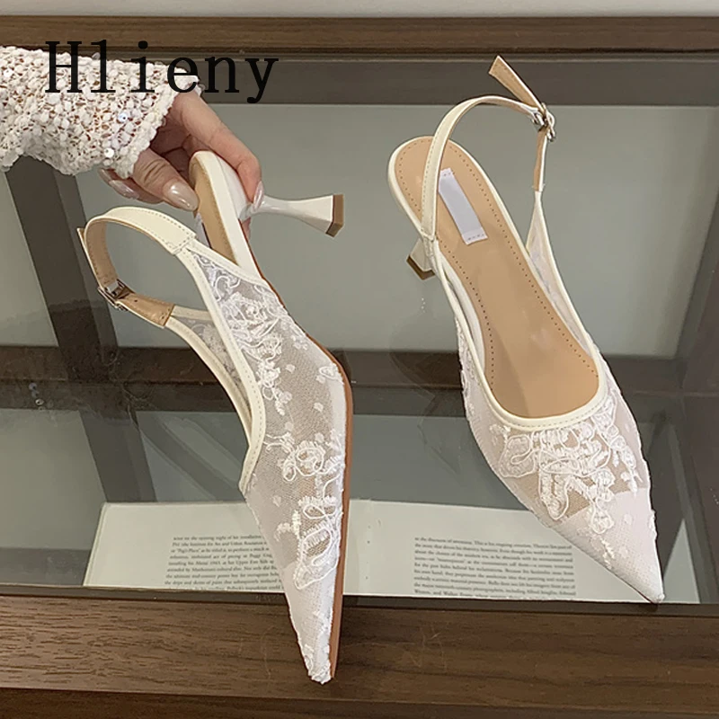 

Hlieny Fashion Back Buckle Strap Women Pumps Design Embroidery Mesh Pointed Toe Low Thin Heels Party Prom Shoes Zapatos De Mujer