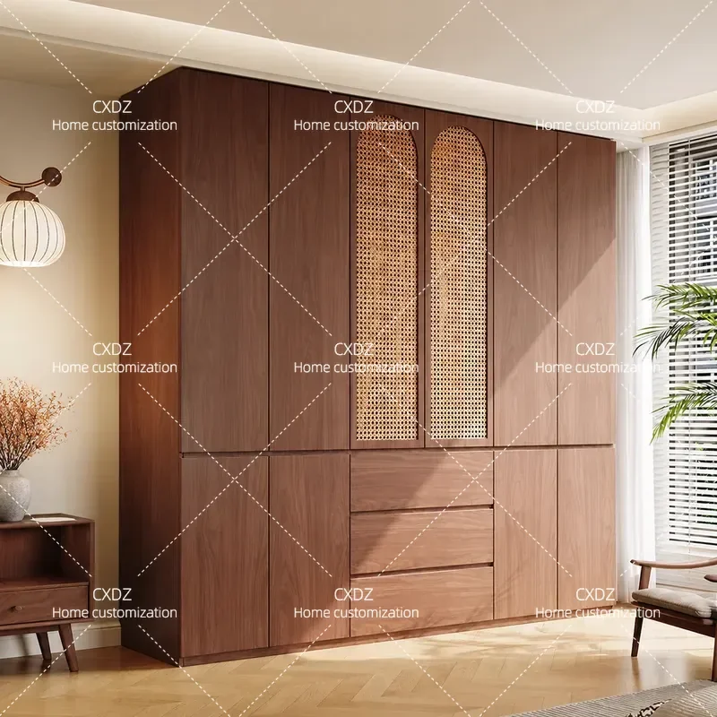 Medieval Style Solid Wood Wardrobe Walnut Oak Rattan Weaving Casement Door Segmented Handleless Closet Storage Cabinet