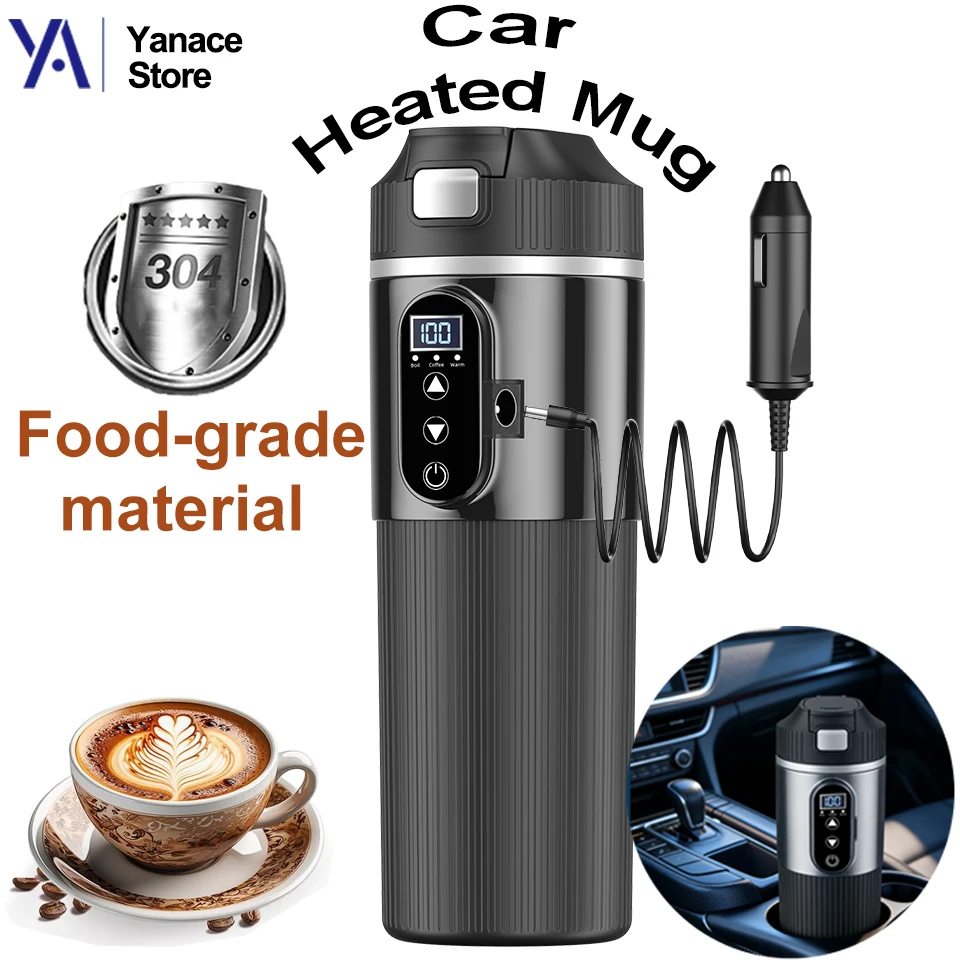 Heating Thermos Cup for Vehicle 304 Food Grade Stainless Steel,Touch Screen Smart Temperature Control Travel Electric Kettle