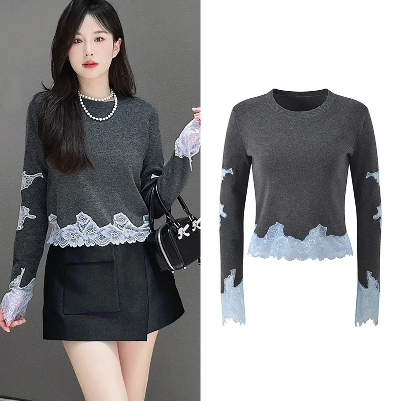

2025 New Design Lace Trim Wool Blend Fitted Cropped Knit Sweater Women