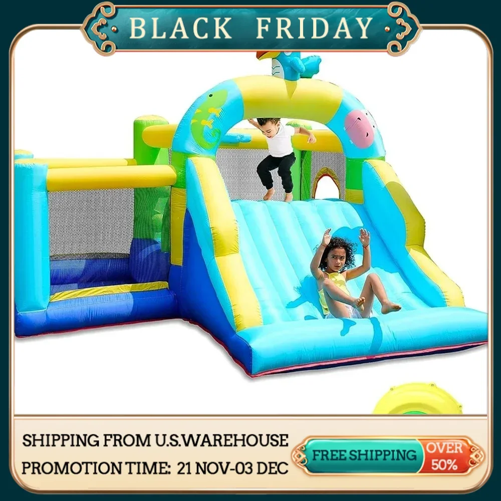 Bounce House with Blower, Inflatable Jump Bouncy Castle for Kids, with Wide Slide, Ball Pool for Backyard Play & Party Fun