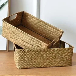 Rectangular Hand-Woven Wicker Basket Fruit Storage Box Home Decorative Supplies Items Bathroom Cosmetics Organization