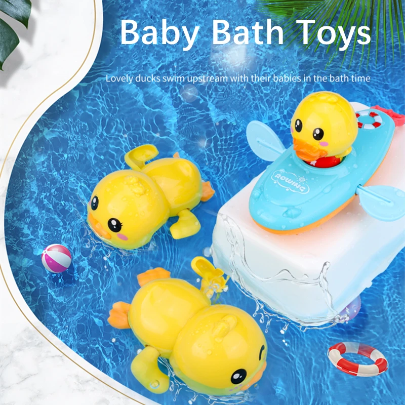 

Baby Bath Playing Toys Chain Clockwork Rowing Boat Swim Floating Cartoon Duck Infant Kids Early Education Bathroom Beach Gifts