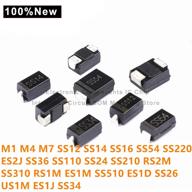 500pcs SMA Rectifier diode M1 M4 M7 SS12 SS14 SS16 SS24 SS34 SS26 SS36 SS110 SS210 SS210 US1M RS2M RS1M ES1D 1N4007 DO-214AC