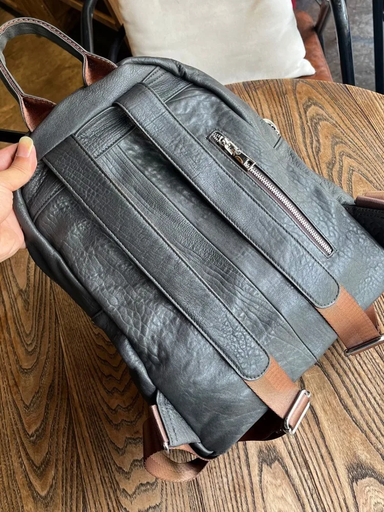 Soft Natural Sheepskin Casual Backpack Unisex Zip Office Work Versatile Genuine Leather Backpacks Male Korean Style Harajuku Bag view 5